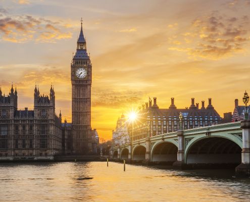 Big Ben and Westminster Bridge at sunset